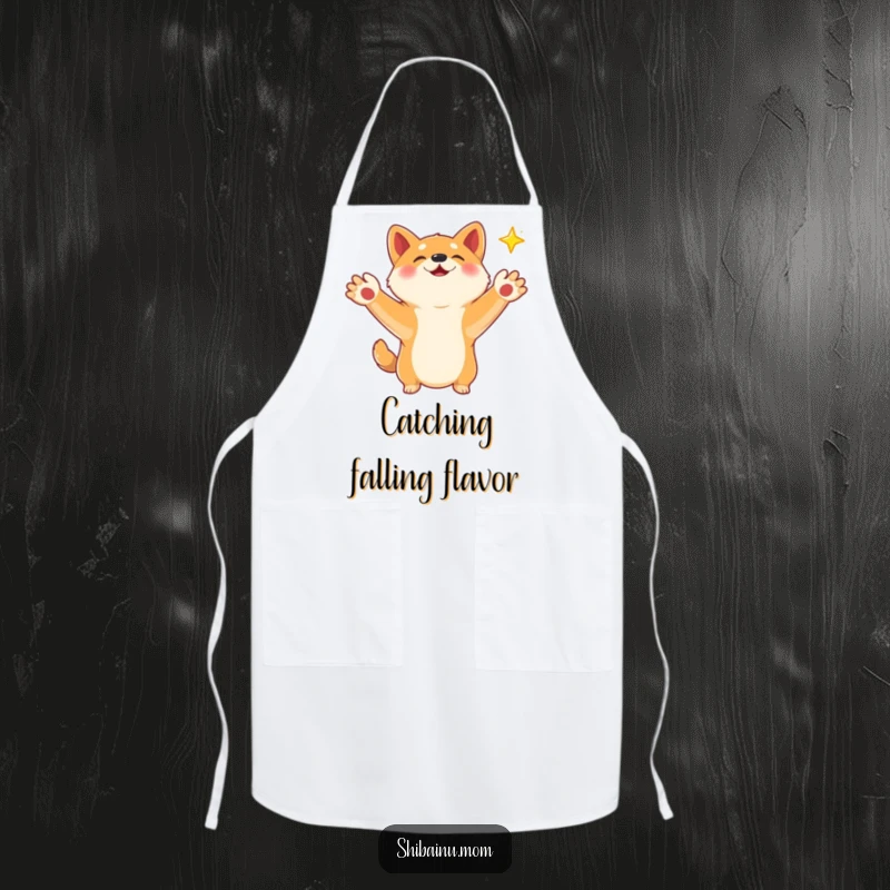 Funny Shiba Inu apron with paws outstretched, reaching for a falling star, perfect for kitchen fun and aspiring dreamers.