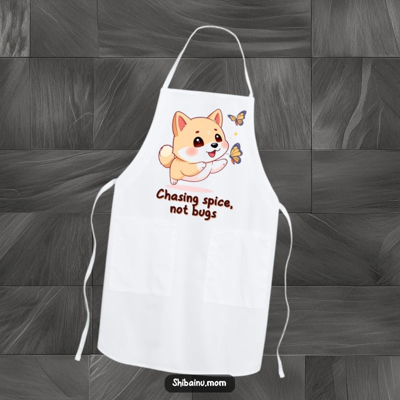 Funny Shiba Inu apron with sparkling eyes, depicted chasing a butterfly, perfect for adding a humorous and cute touch to cooking.