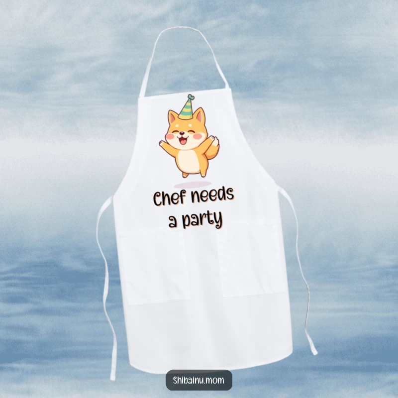 Funny Shiba Inu Apron: A Shiba Inu wearing a party hat jumps joyfully, ready to add fun to any cooking session.