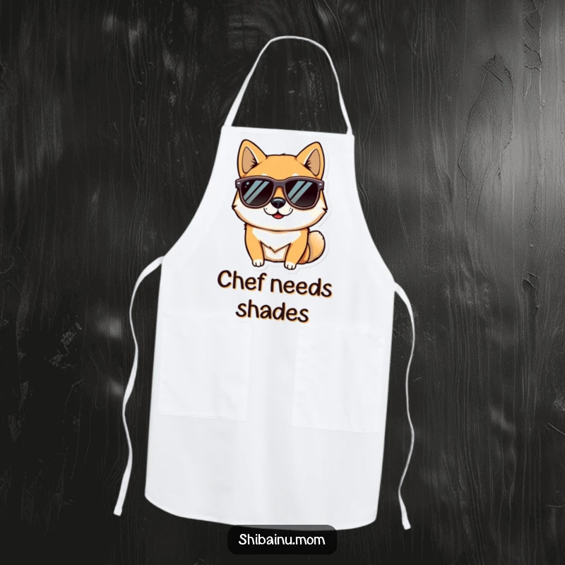 Funny apron designed with a cool Shiba Inu dog in sunglasses, perfect for adding humor and style to kitchen duties, a great chef accessory.