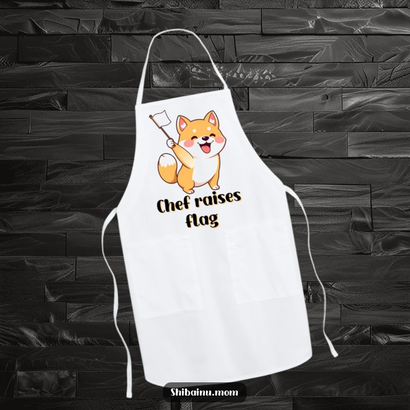 Funny apron designed with an excited Shiba Inu dog waving a flag, tail wagging furiously, perfect for festive kitchen activities.