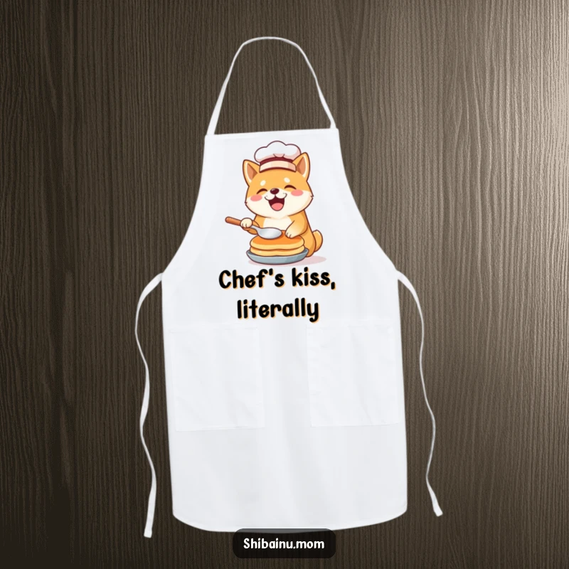 Funny Shiba Inu chef apron featuring a chef hat and a pancake in mid-flip, designed for joyful cooking sessions.