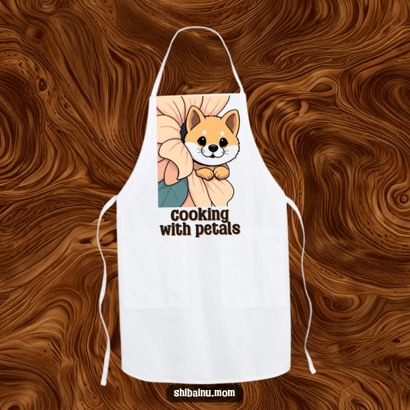 Funny Shiba Inu Apron: A Shiba Inu curiously peeks from behind a giant flower, adding a whimsical touch to kitchen wear.