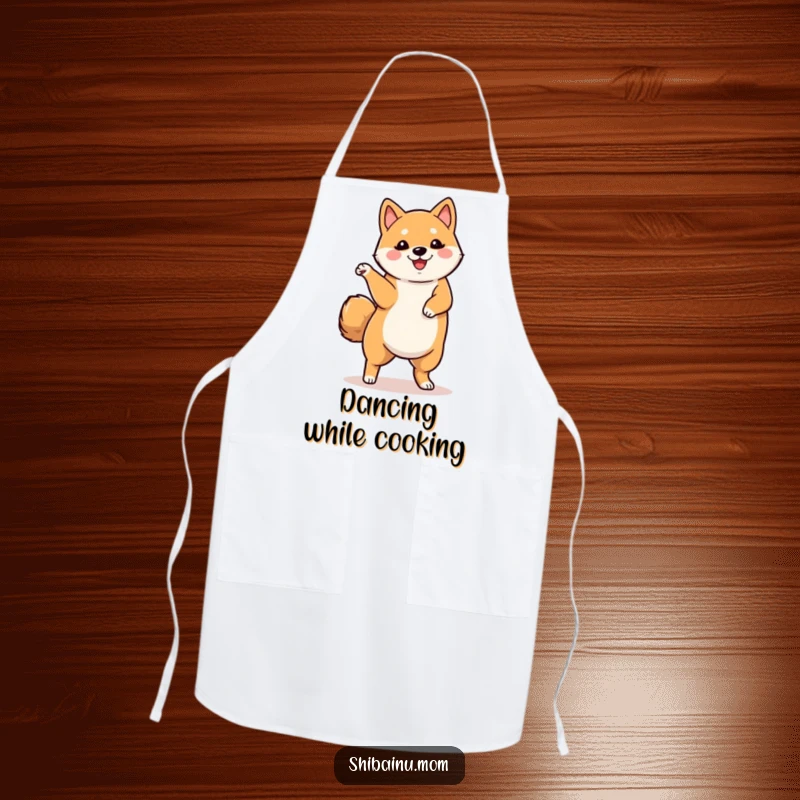 Funny apron with a Shiba Inu dancing with one leg raised, a playful and practical item for kitchen enthusiasts who enjoy movement.