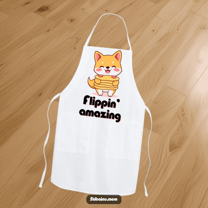 Funny Shiba Inu apron showing a smiling doggle expertly balancing a stack of pancakes while wearing a chef's hat.