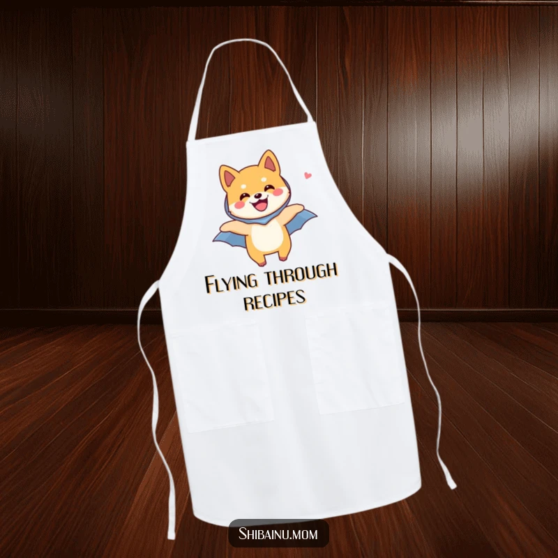 Funny Shiba Inu dog apron, showing a Shiba Inu flying with a tiny cape, perfect for adding fun to kitchen activities.