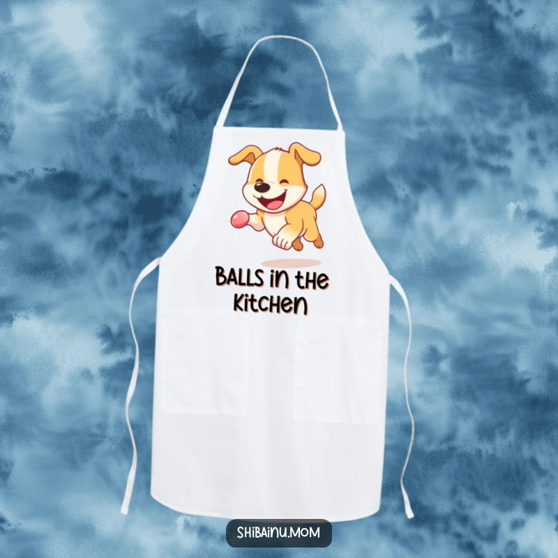 Funny Dog Apron: An energetic dog with a happy grin chasing a bouncy sphere, ready for kitchen fun.