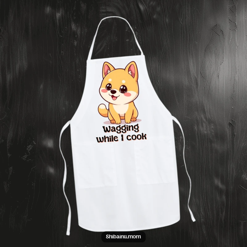 Funny Kawaii Shiba Inu Apron, a dog with big eyes and a wagging tail, great for kitchen fun.
