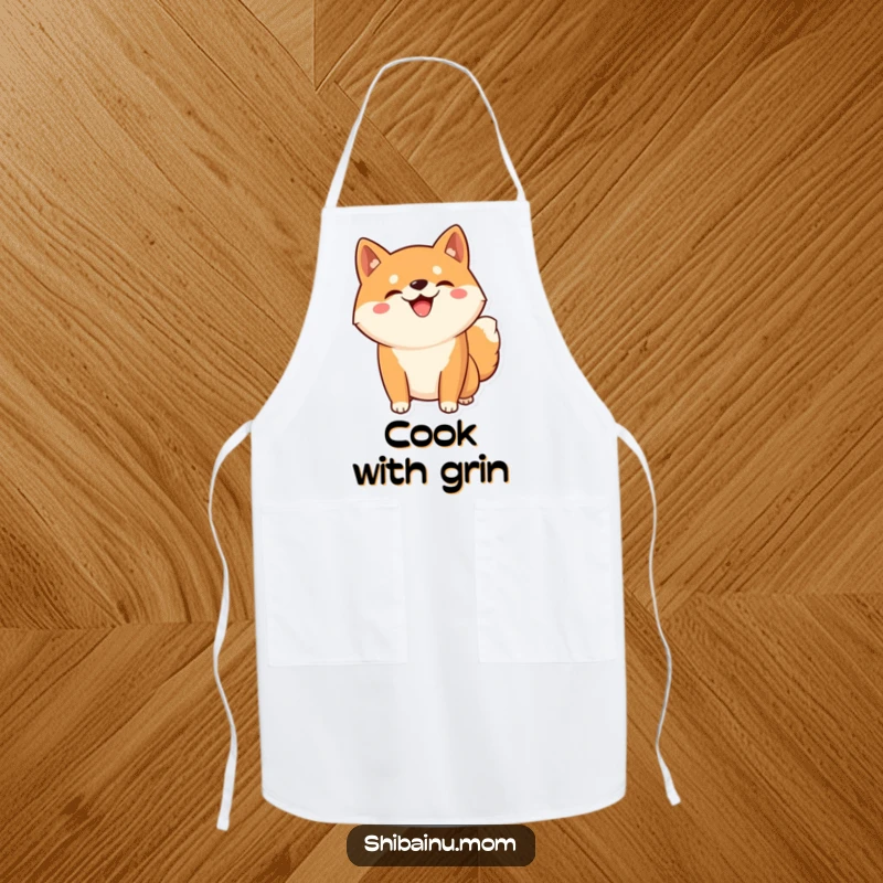 Funny Kawaii Shiba Inu apron showing a dog with a silly grin striking a playful pose, perfect for K9-themed kitchen fun.