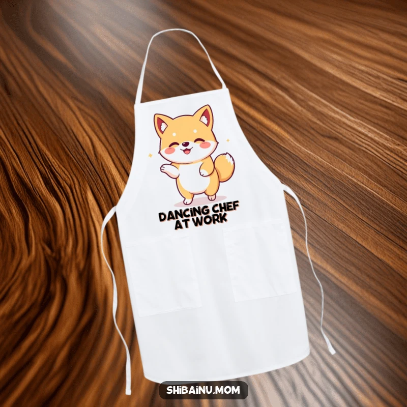 Funny Kawaii Shiba Inu apron featuring a floppy-eared dog dancing with glee. Practical and cute for a fun cooking experience, a great funny gift.