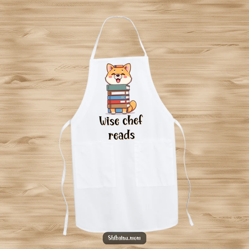 Funny Shiba Inu apron depicting a proud dog balancing a stack of books on its head, ideal for a scholarly chef.