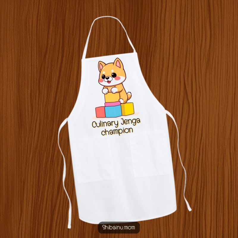 Funny Shiba Inu Apron featuring a dog in a chef hat balancing wobbly blocks. Adds humor to cooking, a funny gift.