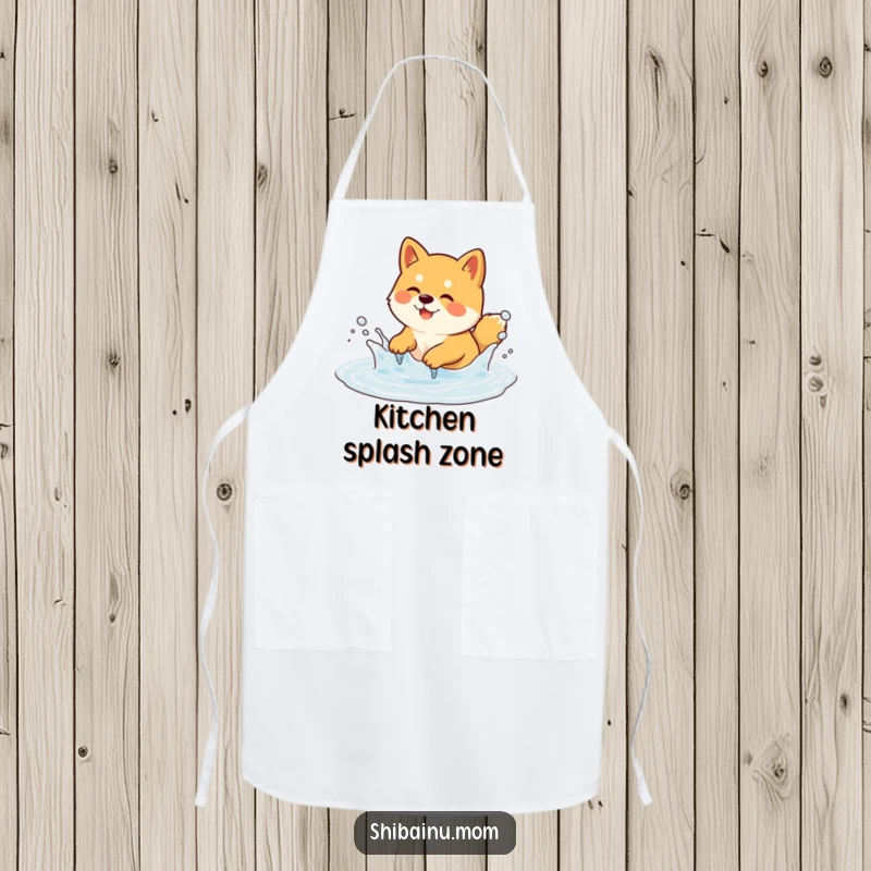 Funny Shiba Inu Apron featuring a dog splashing in a bubbly puddle, ready for kitchen fun. A funny gift.
