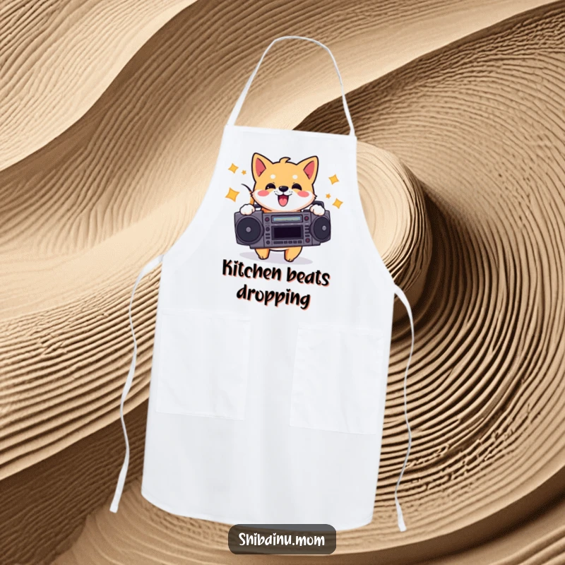 Funny apron with an energetic Shiba Inu holding a boombox, a retro-inspired and practical item for kitchen enthusiasts who love music.
