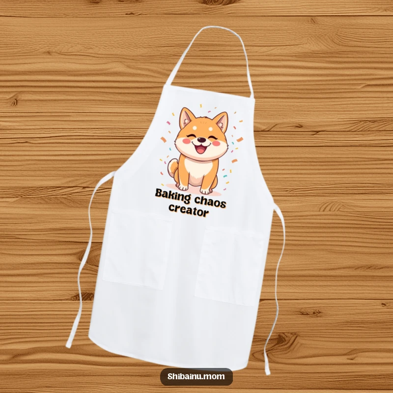 Funny apron with a mischievous Shiba Inu scattering confetti, a festive and practical item for anyone who enjoys cooking and celebrating.
