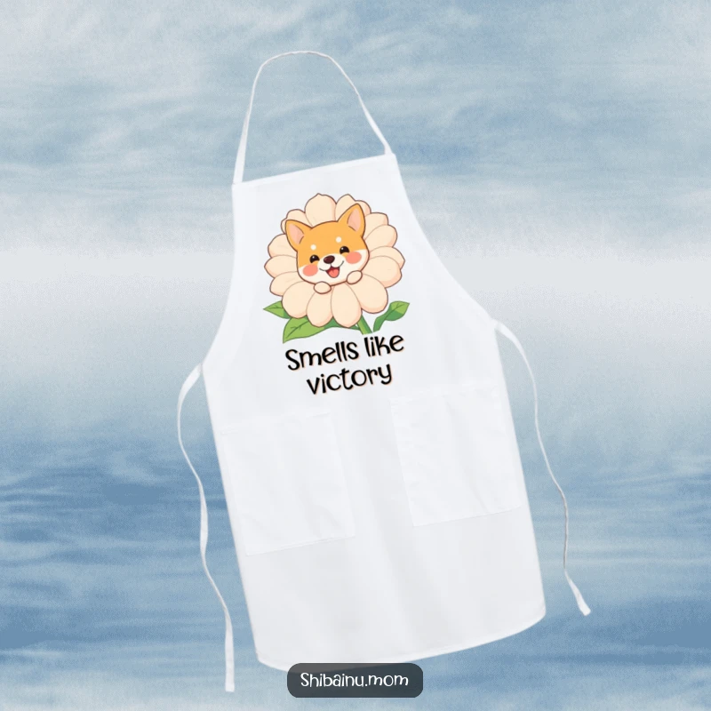 Funny Shiba Inu peeking apron, a cute dog peeks from a giant, smiling flower, humorous and practical kitchen accessory.