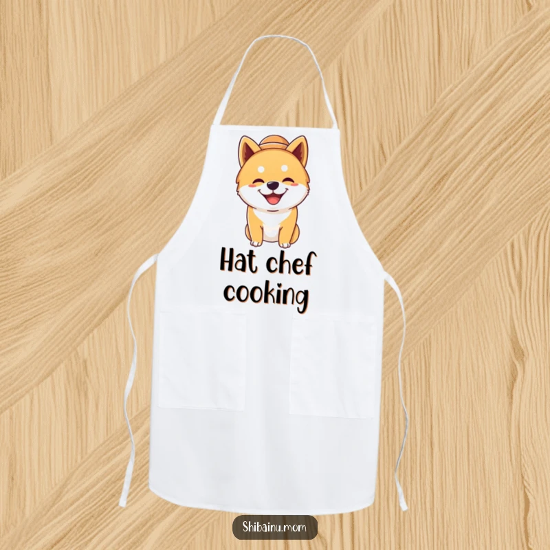Funny silly Shiba Inu dog apron, wearing a big hat, grinning widely, showcasing a humorous and happy dog, ideal for cooking.