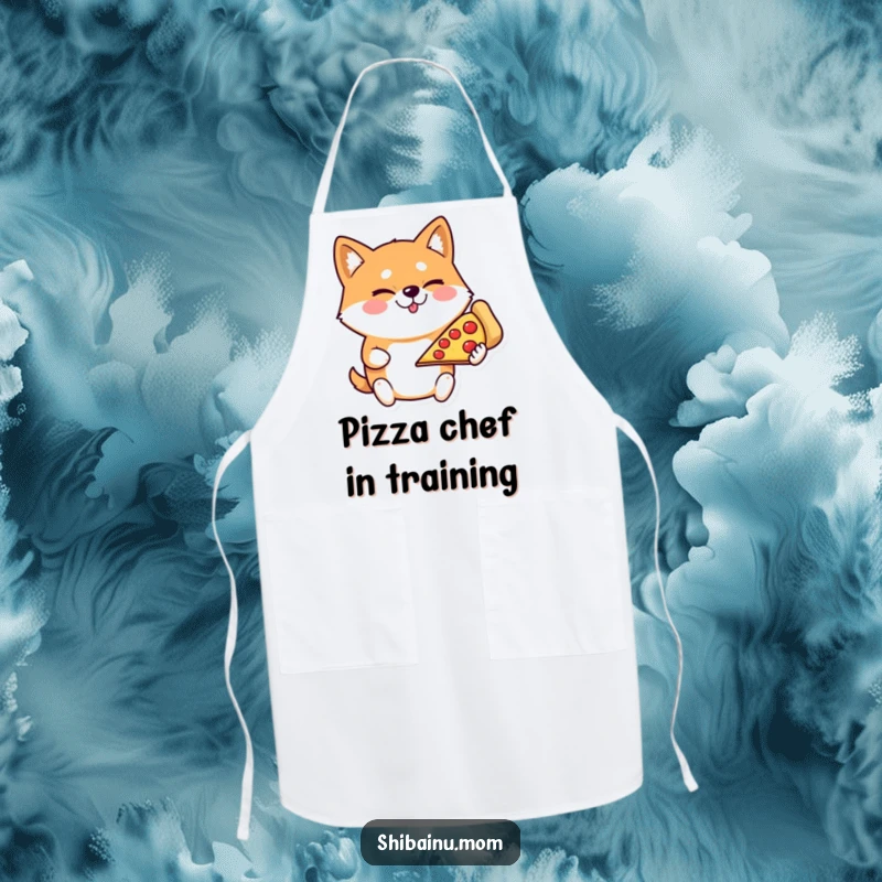Funny Shiba Inu apron, a winking dog holding a giant pizza slice, ideal for cooking and kitchen activities.