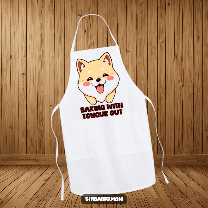 Funny Shibainu apron featuring a cute dog face with its tongue sticking out, ideal for a playful cook.