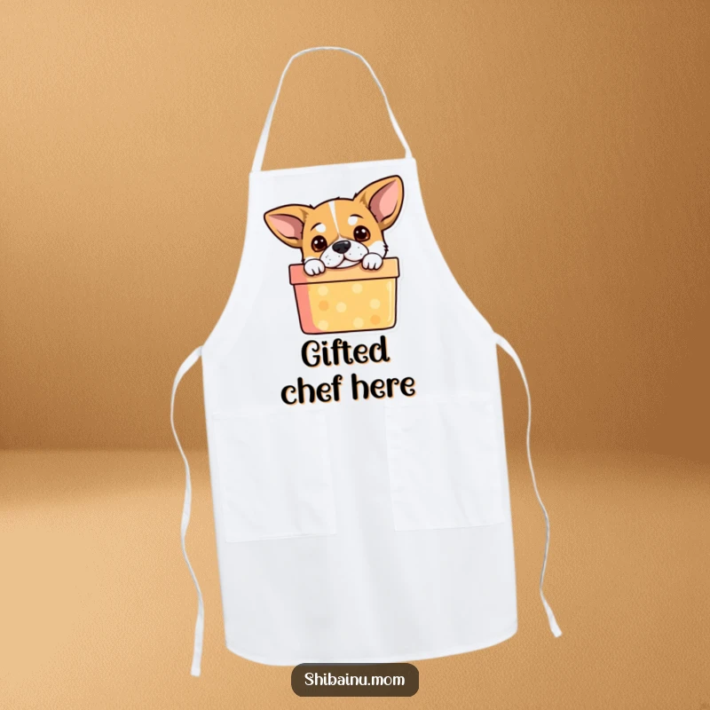 Funny Dog Apron: A curious puppy peeking from a gift box, ready to add some fun to your cooking and baking.
