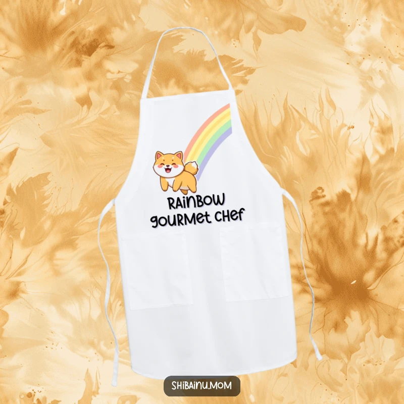 Funny Shiba Inu apron depicting a dog gleefully sliding down a rainbow, ideal for a fun and colorful kitchen.
