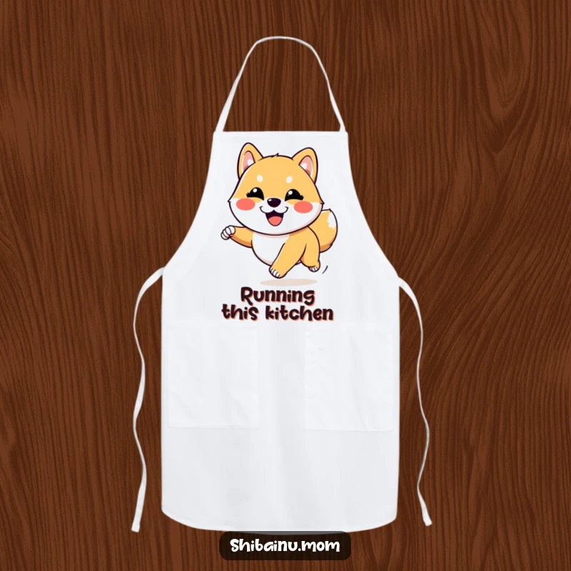 Funny Kawaii Shiba Inu apron featuring a goofy dog running with pure joy. Practical and cheerful, a great funny gift for chefs.
