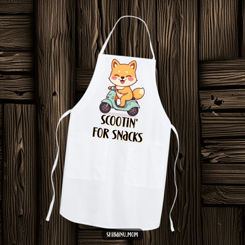 Funny Shiba Inu dog apron, winking playfully, riding a small scooter, showcasing a cool and happy dog, ideal for cooking.
