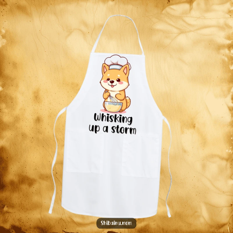 Funny Shiba Inu dog wearing a tiny chef hat and happily whisking batter, ready for kitchen duty on an apron.