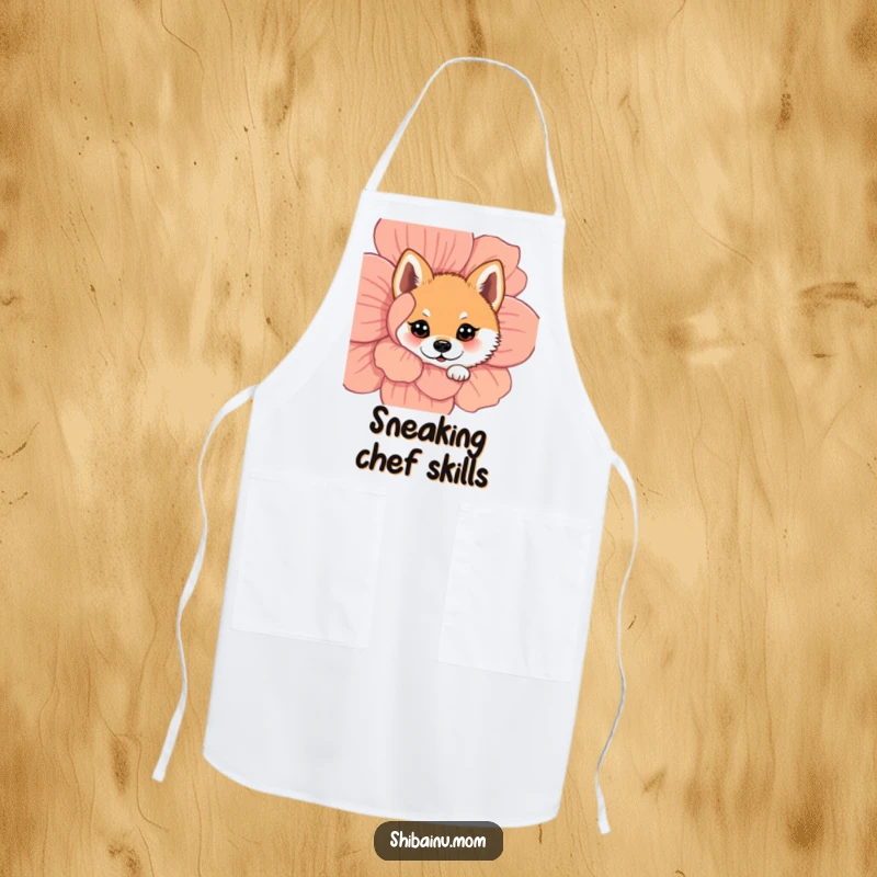 Funny Shiba Inu apron showing a dog with wide eyes peeking from behind a colorful flower, ideal for a playful cook.