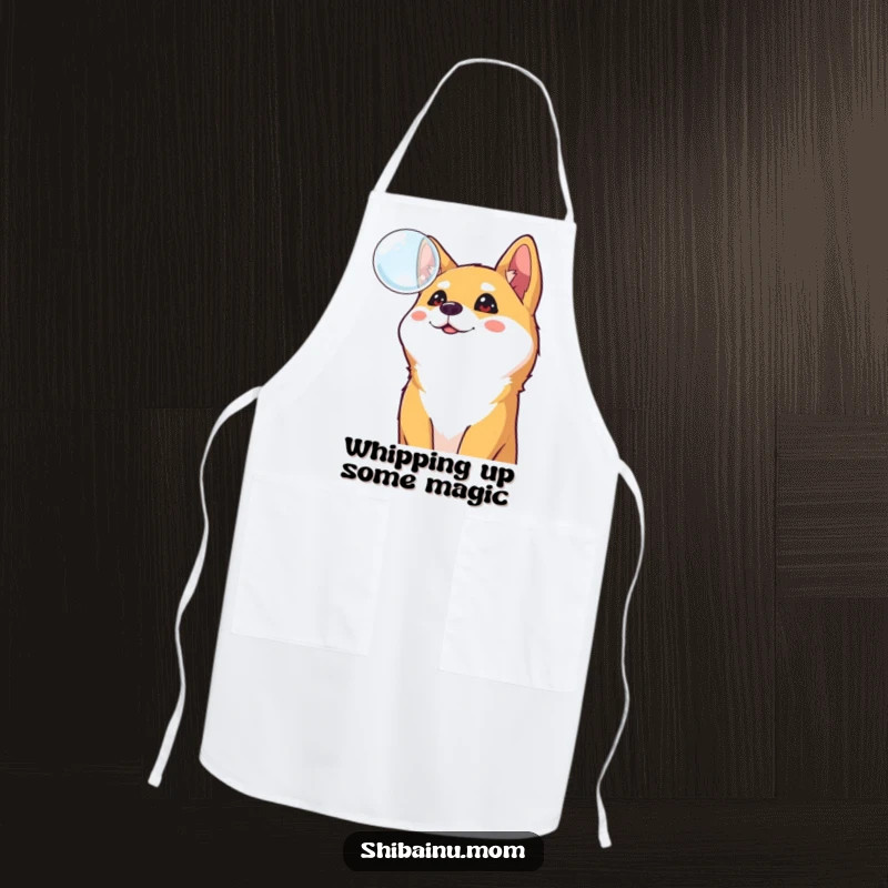 Funny Shiba Inu apron, a curious dog gazes at a floating bubble, bringing cheerful vibes to kitchen tasks and cooking fun.