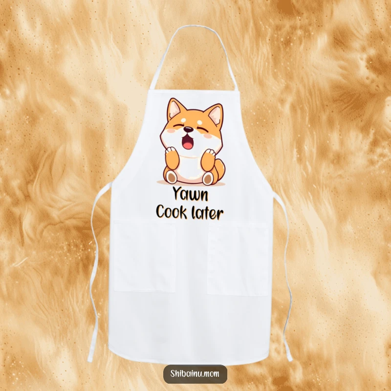 Funny Shiba Inu apron depicting a sleepy dog yawning widely and stretching its paws, ideal for kitchen comfort.
