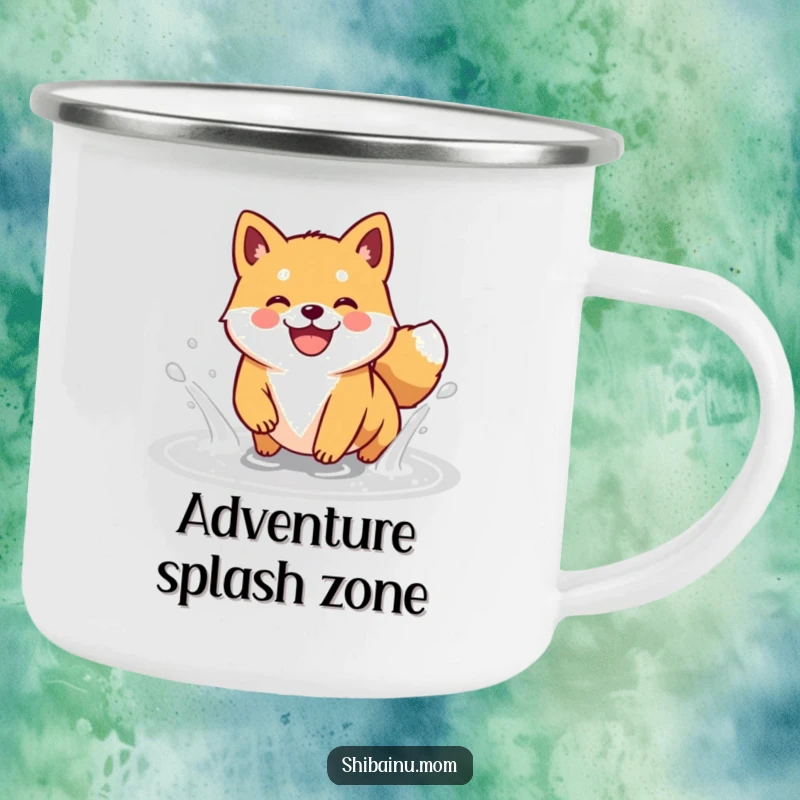 Funny Kawaii Shiba Inu camping mug showing a happy doggle splashing in a puddle, perfect for outdoor enthusiasts.