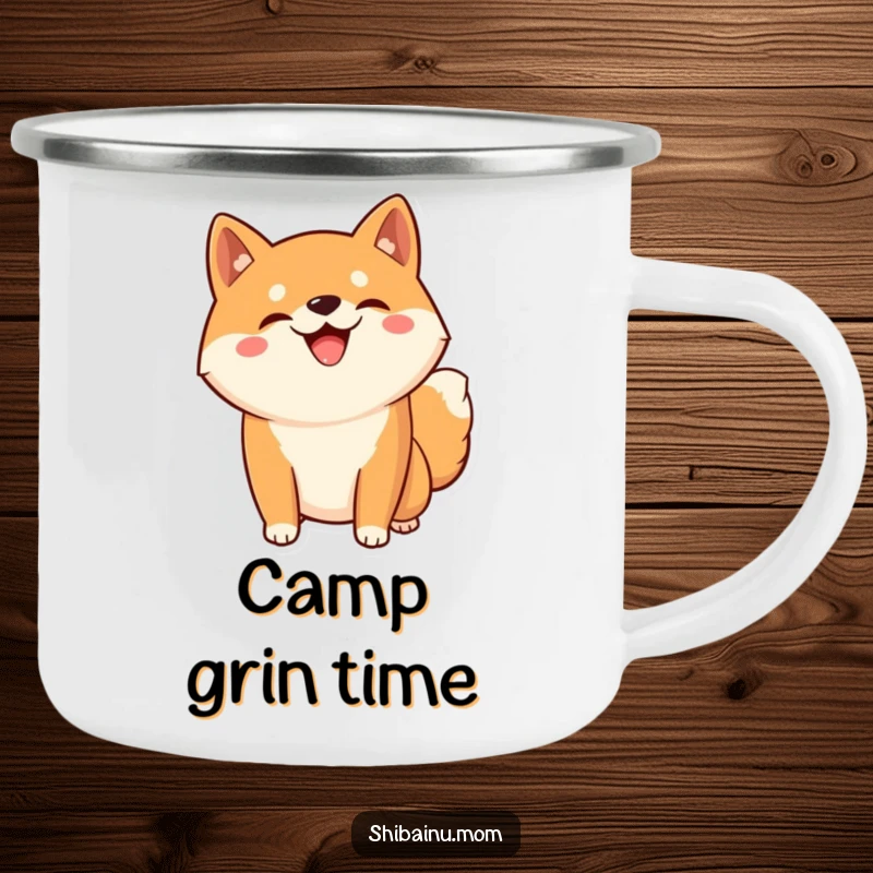 Funny Kawaii Shiba Inu camping mug featuring a silly grinning dog in a playful pose, ready for outdoor enjoyment.