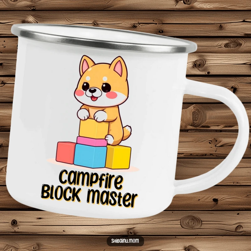 Funny Shiba Inu Camping Mug featuring a dog balancing wobbly blocks. Perfect for outdoor fun, a funny gift.