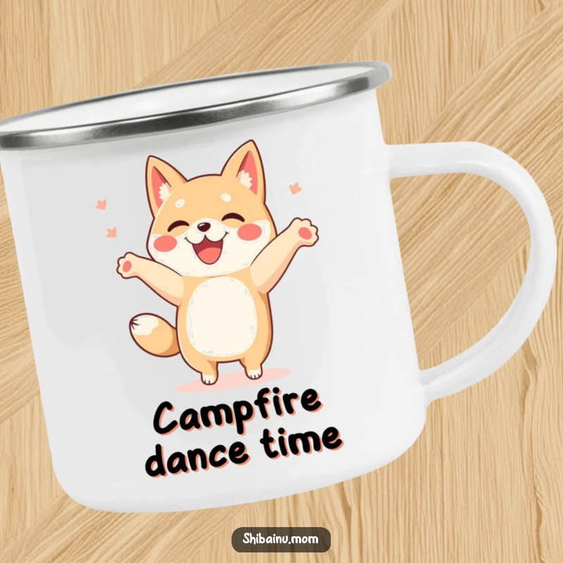 Funny Shibainu camping mug with a dog doing a happy dance with paws in the air, ideal for outdoor fun.