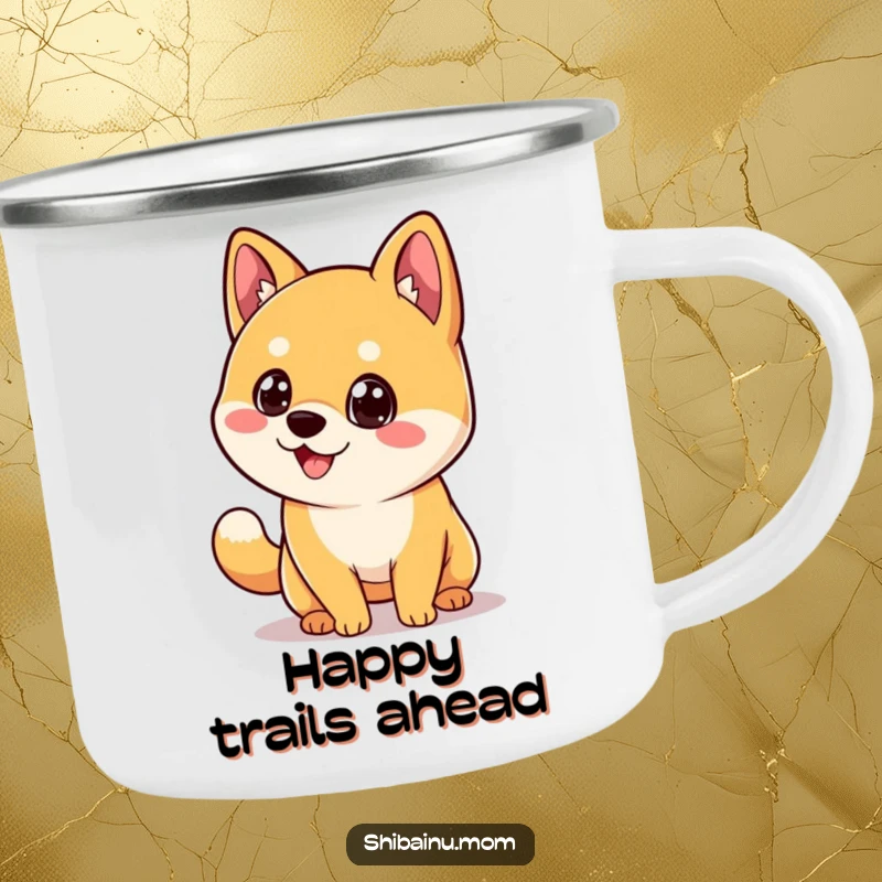 Funny Kawaii Shiba Inu Camping Mug, featuring a dog with big eyes joyfully wagging its tail, for outdoor fun.