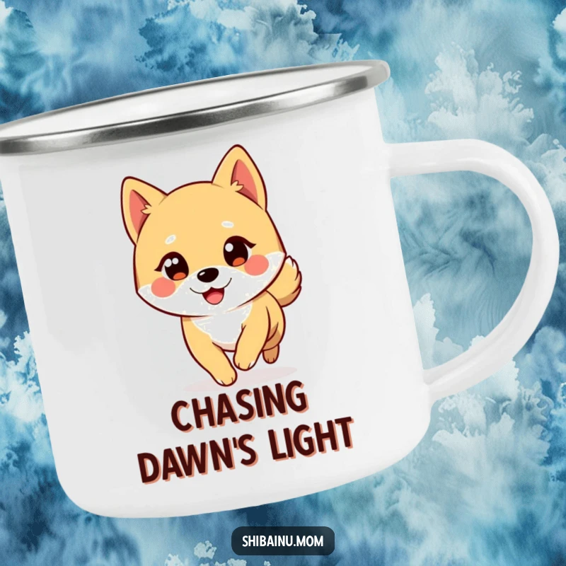 Funny Shiba Inu Camping Mug: A big-eyed Shiba Inu winks while playfully chasing its tail, perfect for outdoor humor.