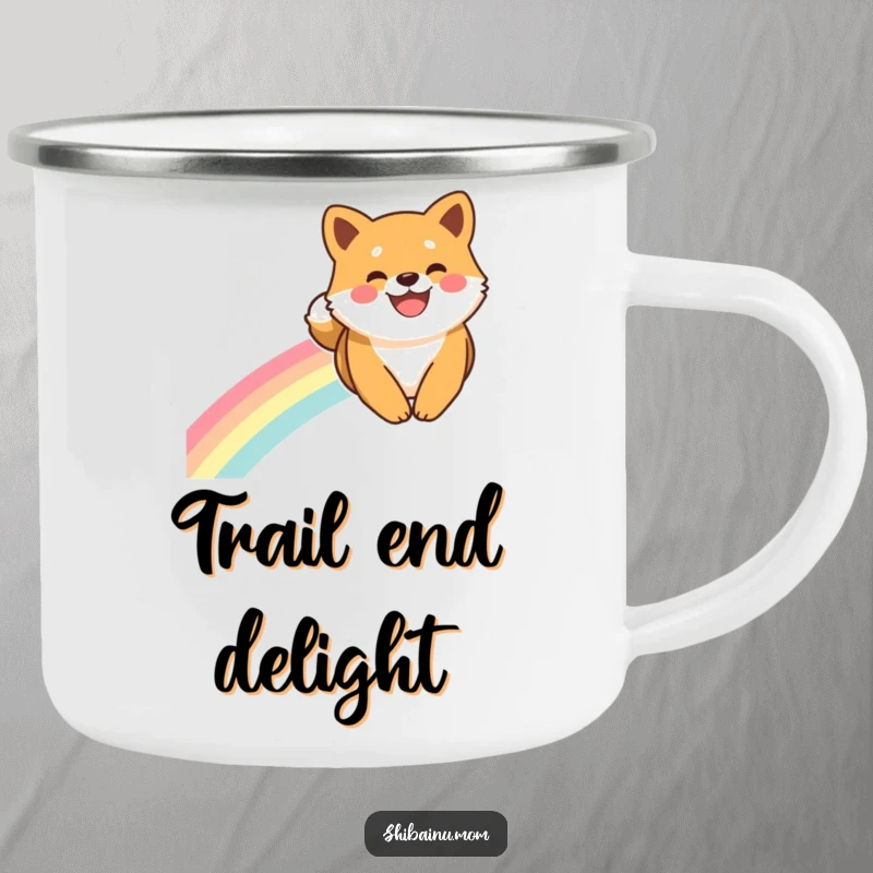 Funny Shiba Inu Camping Mug: A Shiba Inu with a wide smile slides down a rainbow, perfect for magical outdoor moments.