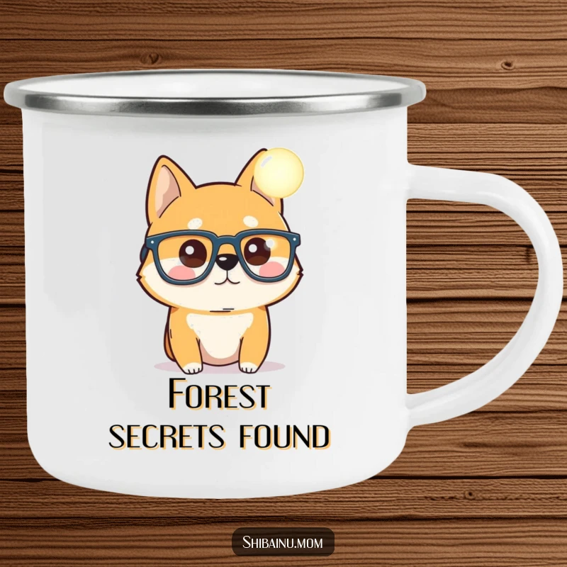 Funny Shiba Inu camping mug, oversized glasses, curious about a glowing orb, durable and humorous for outdoor adventures, a perfect funny gift.