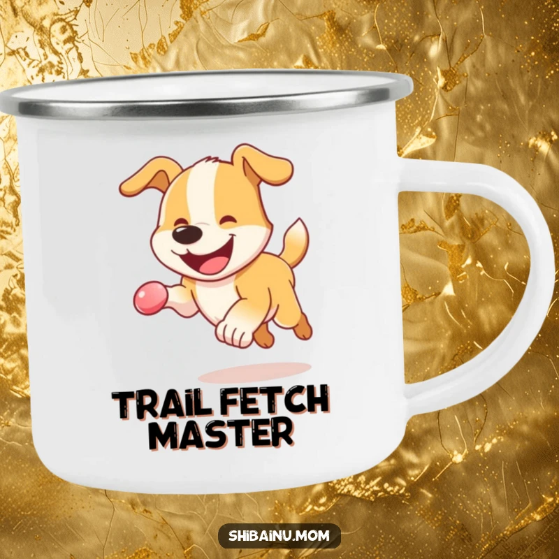 Funny Dog Camping Mug: An energetic dog with a happy grin bounding after a bouncy sphere, perfect for outdoor adventures.