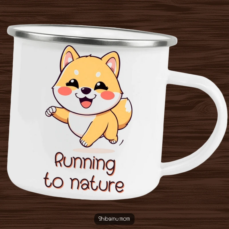 Funny Kawaii Shiba Inu camping mug featuring a goofy dog running joyfully. Durable and cute for outdoor fun, a perfect funny gift.