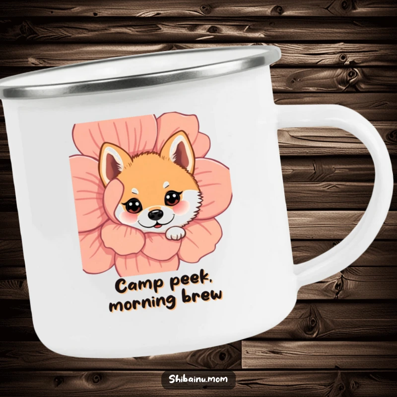 Funny Shiba Inu camping mug depicting a dog with wide eyes peeking from behind a flower, ready for outdoor curiosity.