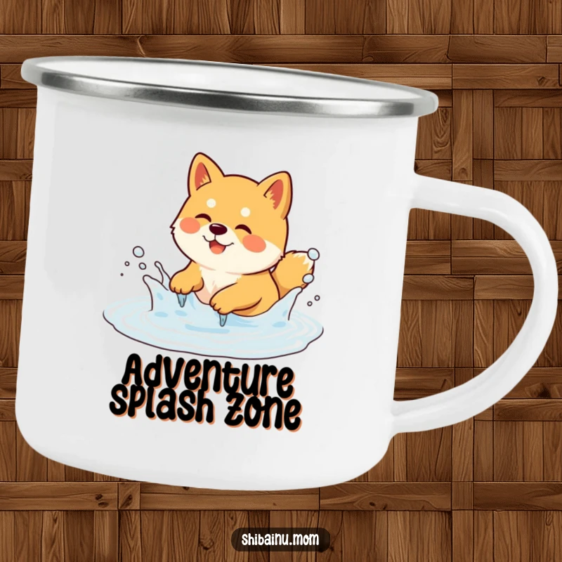 Funny Shiba Inu Camping Mug featuring a dog playfully splashing in a bubbly puddle. Perfect for outdoor joy, a funny gift.