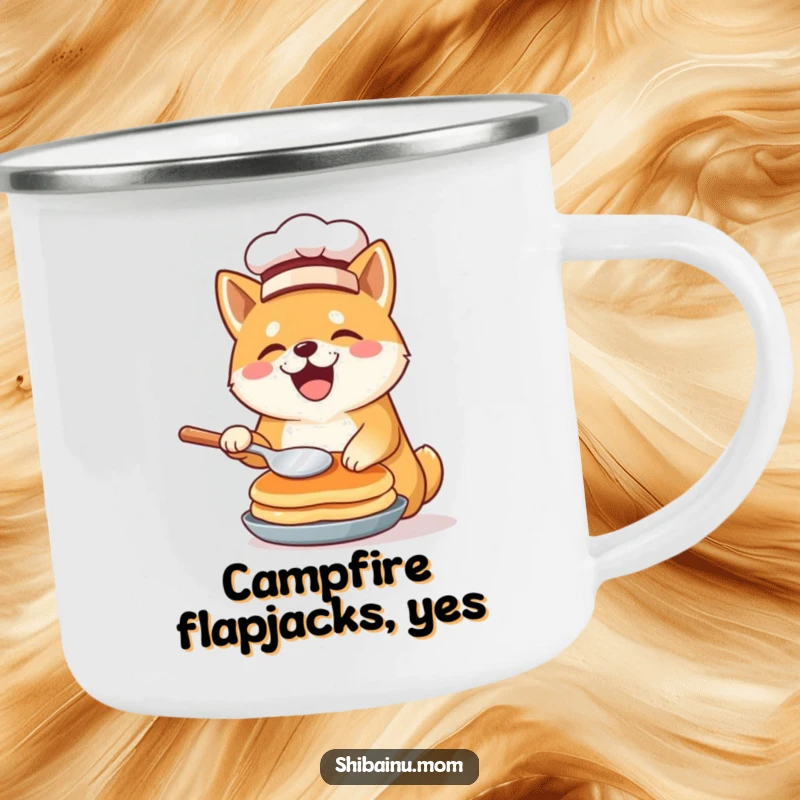 Funny Shiba Inu chef camping mug with a chef hat, mid-pancake flip, bringing culinary joy to outdoor adventures.