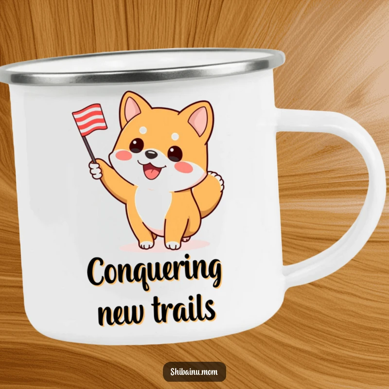 Funny Shiba Inu camping mug, an enthusiastic dog waves a flag, bringing spirited cheers to outdoor activities.