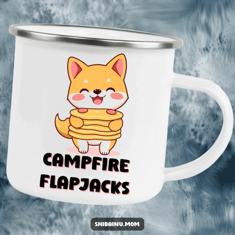 Funny Shiba Inu camping mug showing a smiling doggle carrying a stack of pancakes, ready for the great outdoors.