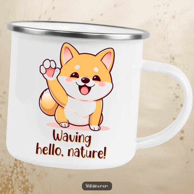 Funny Shiba Inu camping mug showing an excited dog waving and wagging its tail, ideal for enjoying drinks outdoors.