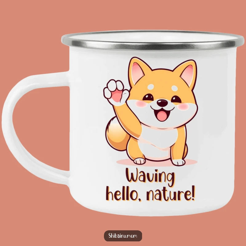 Funny Shiba Inu Wave Camping Mug: Excited Dog, Wagging Tail Adventures!