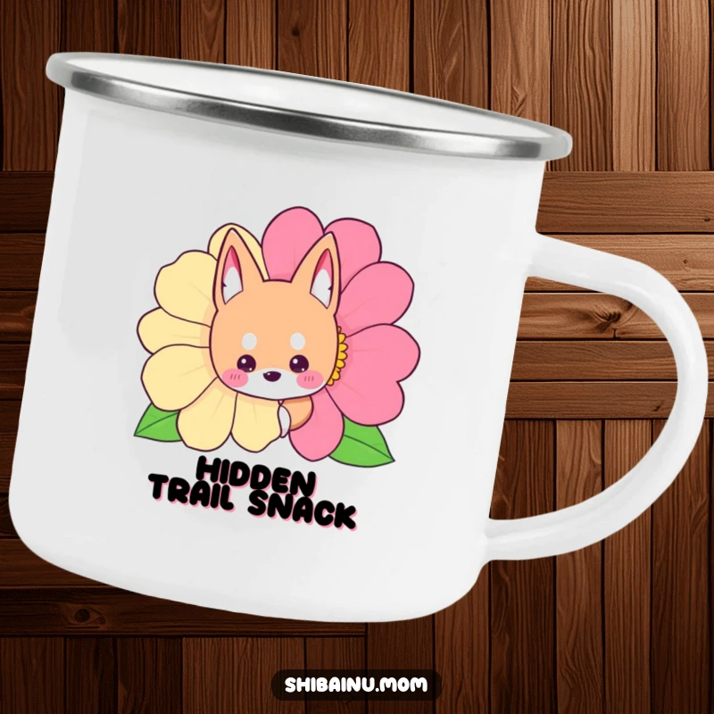 Funny Shibainu camping mug with a dog peeking from behind a flower, ideal for outdoor charm.