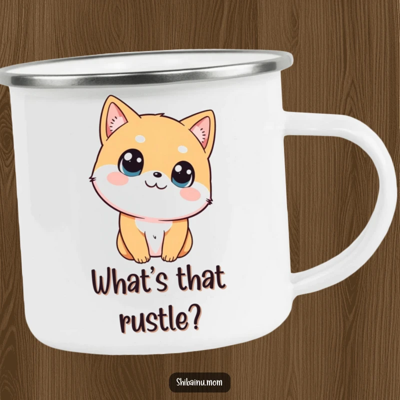 Funny Shibainu camping mug with a dog tilting its head, big curious eyes conveying thoughtful charm.